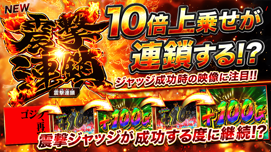 NEW 震撃連鎖（しんげきれんさ） 10倍上乗せが連鎖する!? ジャッジ成功時の映像に注目!! +10Gから+100Gへの表示が繰り返される。震撃ジャッジが成功する度に継続!?